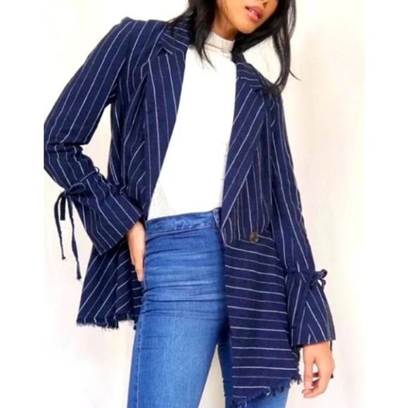 Free People Stella Striped Frayed-Hem Blazer Jacket Navy Blue XS Linen Cotton - Picture 12 of 12